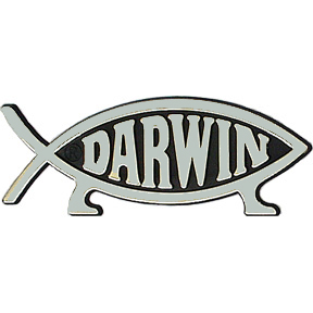 The basic Darwin fish is an ichthys symbol with stylized legs, meant to represent evolution.